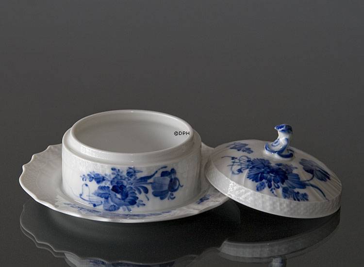 Blå Blomst, svejfet, smør, marmelade krukke med låg og fast underskål nr. 1503