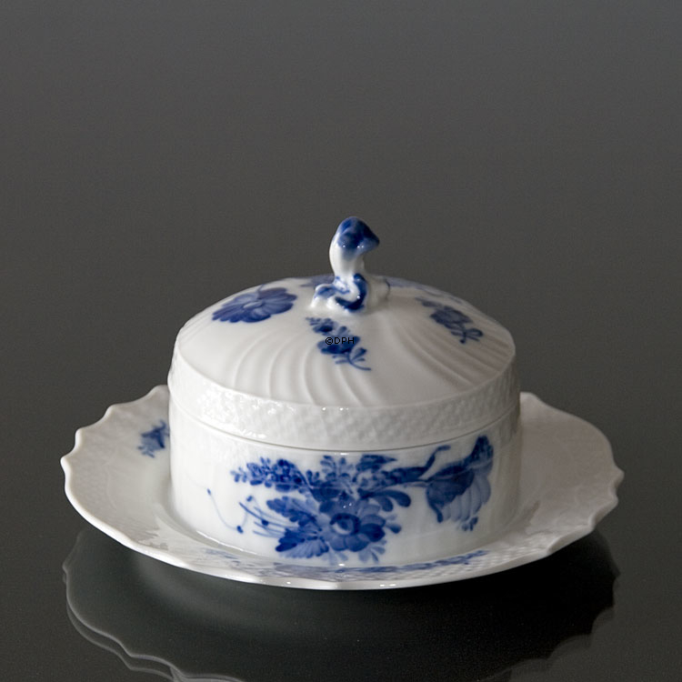 Blå Blomst, svejfet, smør, marmelade krukke med låg og fast underskål nr. 1503