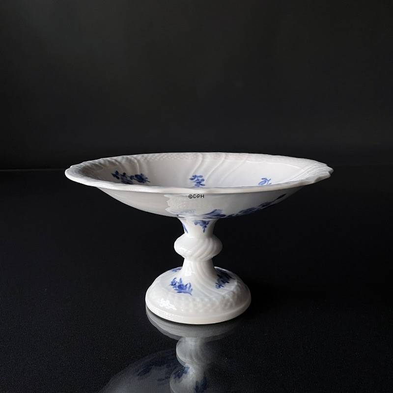 Blå Blomst, svejfet, rundt kagefad på høj fod