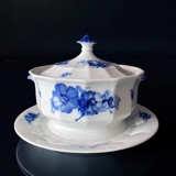 Blue Flower, angular, round small lidded dish with saucer/Sauce terrine