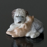 Old English Sheepdog Cuddling with Cat, Royal Copenhagen dog figurine no. 752