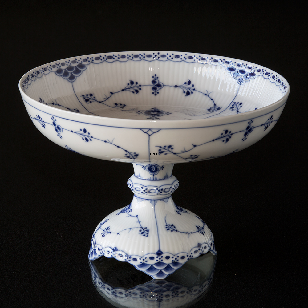 Musselmalet halvblonde rundt kagefad på høj fod 21cm