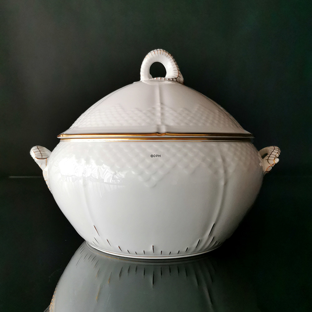 Hartmann, stor terrin, hvid med guld, Bing & Grøndahl