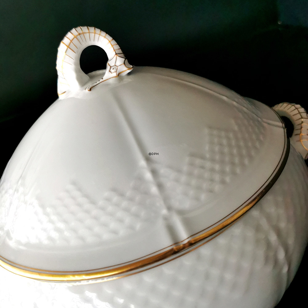 Hartmann, stor terrin, hvid med guld, Bing & Grøndahl