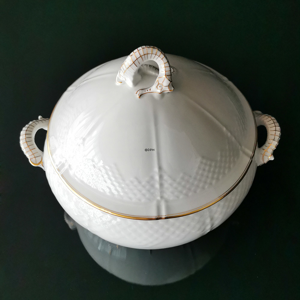 Hartmann, stor terrin, hvid med guld, Bing & Grøndahl