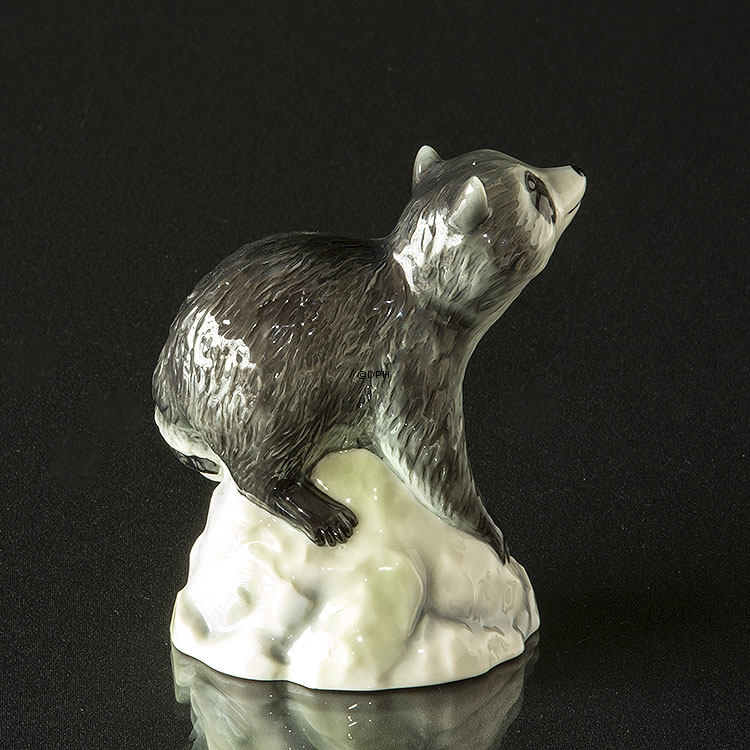Vaskebjørn på sten kigger op, Royal Copenhagen figur nr. 057