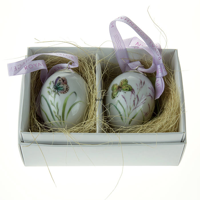 Påskeæg med lilla og gul sommerfugl, 2 stk., Royal Copenhagen påskeæg 2014