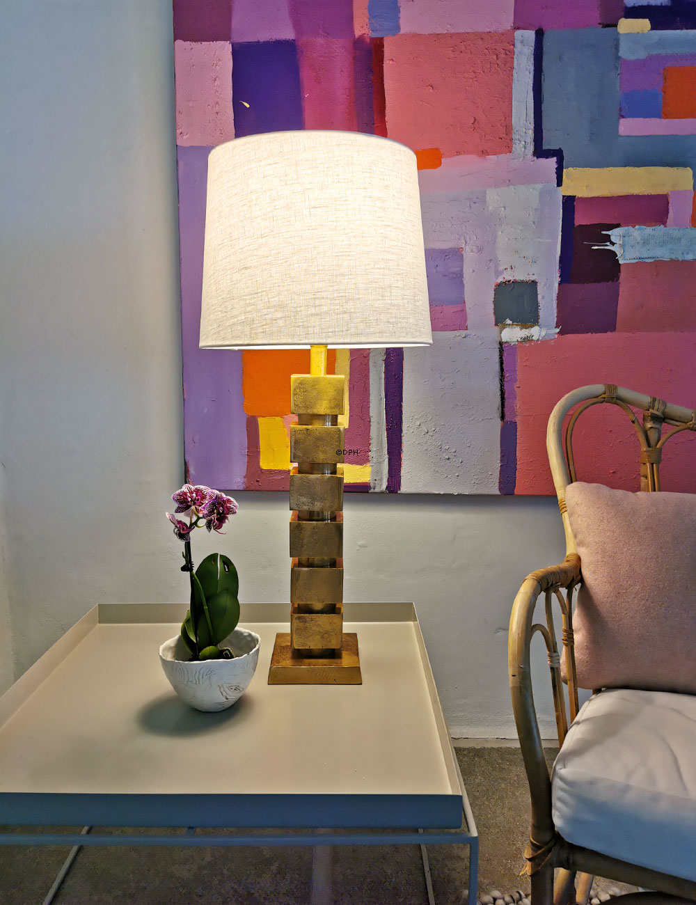 Bordlampe messing finish, rustik look, med firkanter uden skærm