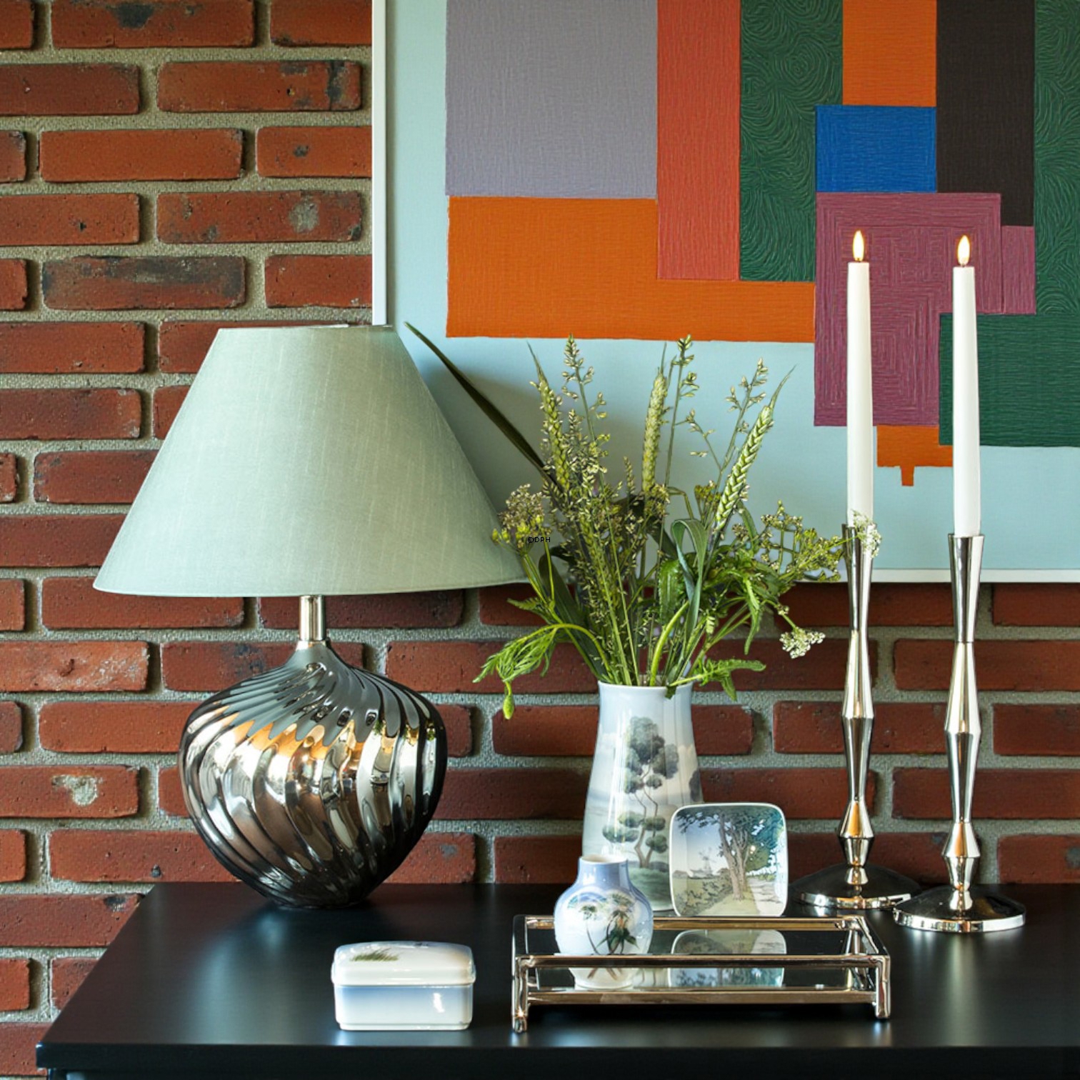 Bordlampe nikkel/sølv finish uden skærm, 34 cm