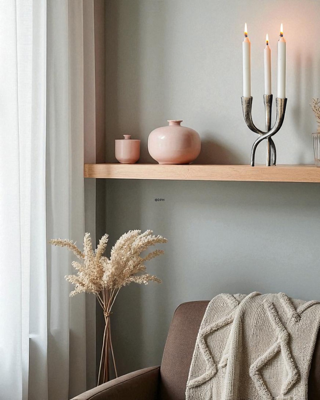 3-armet lysestage i nikkel/rustik sølv look