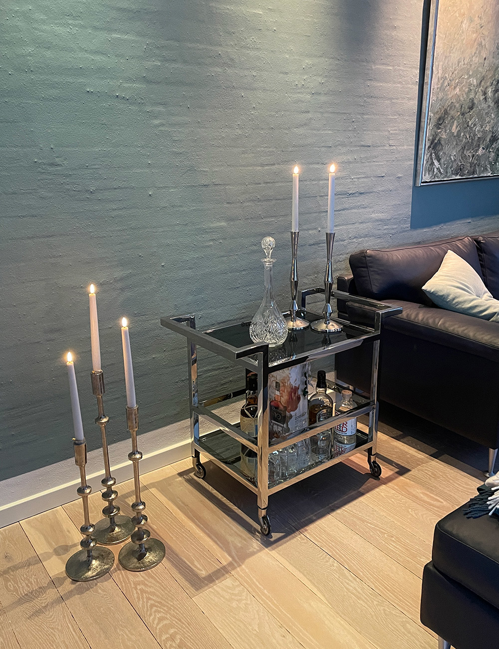 Lysestage, nikkel/rustik sølv look 40 cm, lille