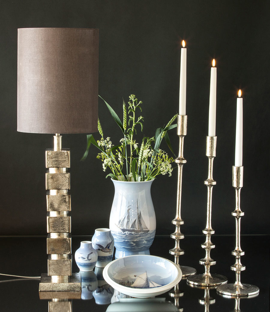 Lysestage, nikkel/rustik sølv look 48 cm, mellem