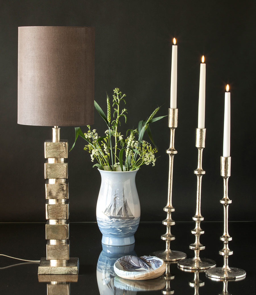 Lysestage, nikkel/rustik sølv look 48 cm, mellem