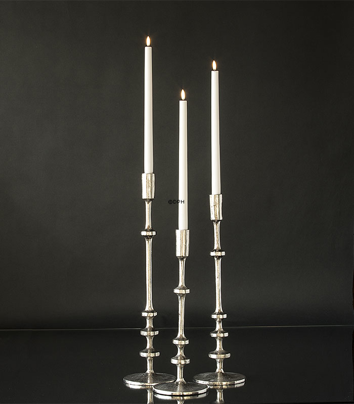 Lysestage, nikkel/rustik sølv look 48 cm, mellem