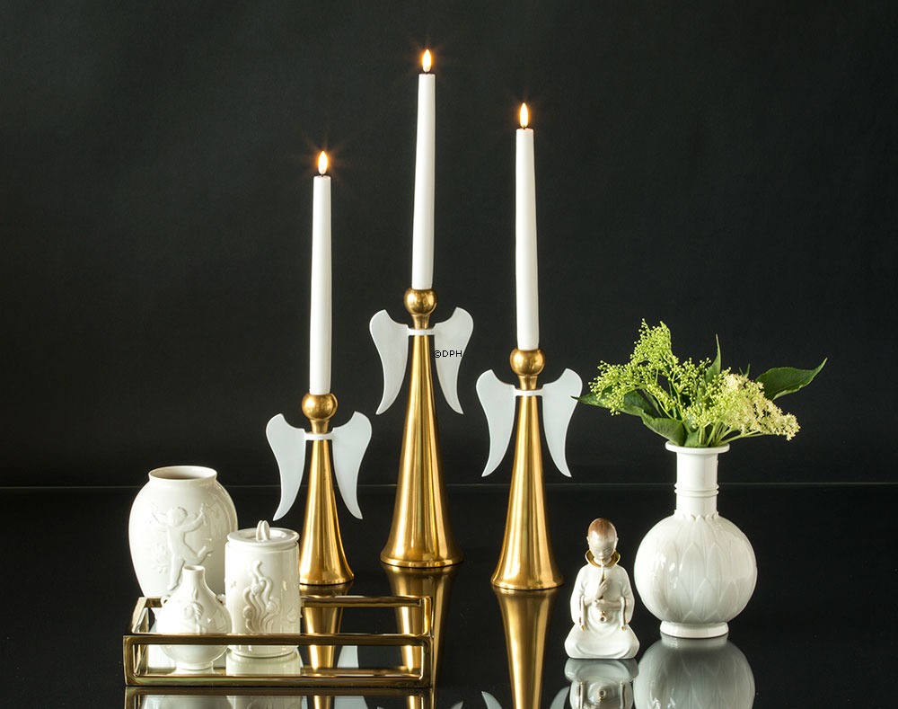 3 Lysestager i messingfinish, engle
