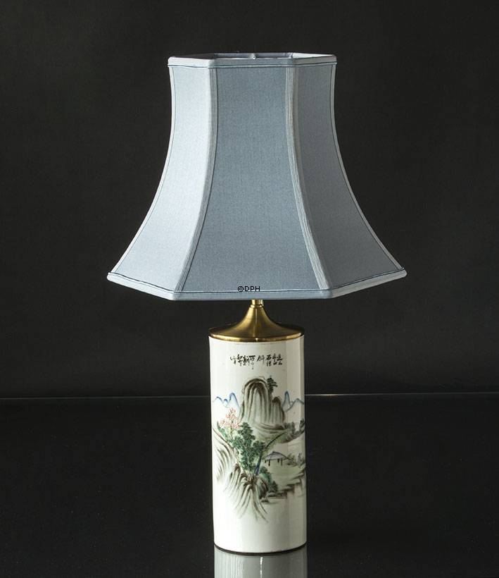 Sekskantet lampeskærm 29 cm i højden,  lys blå silke