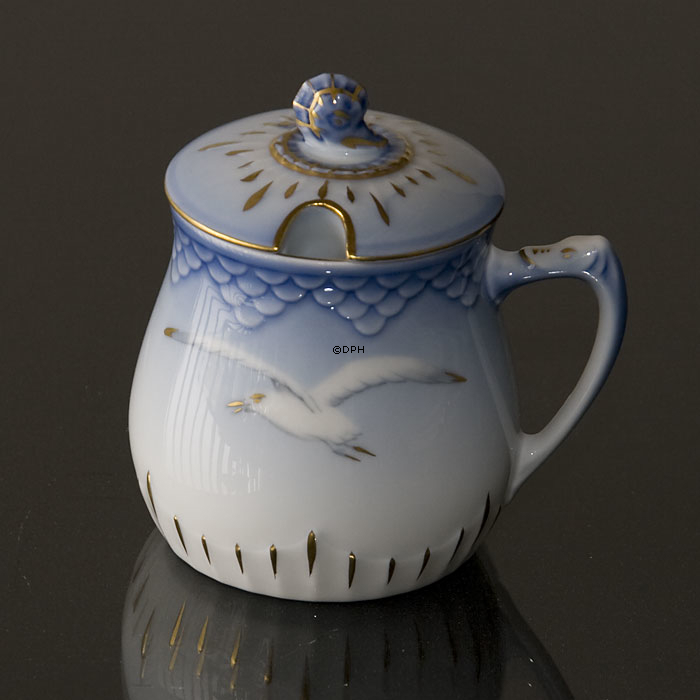 Mågestel med guld, sennepskrukke med hank, Bing & Grøndahl nr. 210