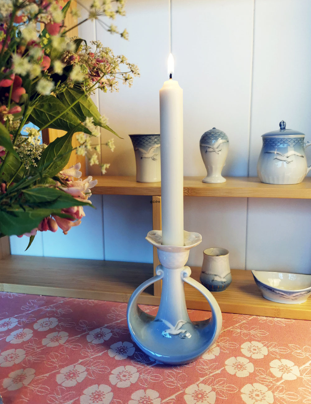 Mågestel UDEN guld, lysestage nr. 72 eller 503, Hvid top/blå bund