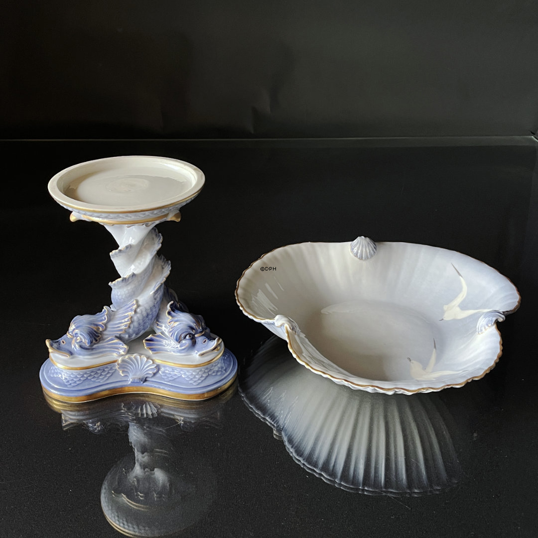 Sjælden Bing & Grøndahl Mågestel opsats med delfinfod og løs muslingeskål (fra omkring 1900)