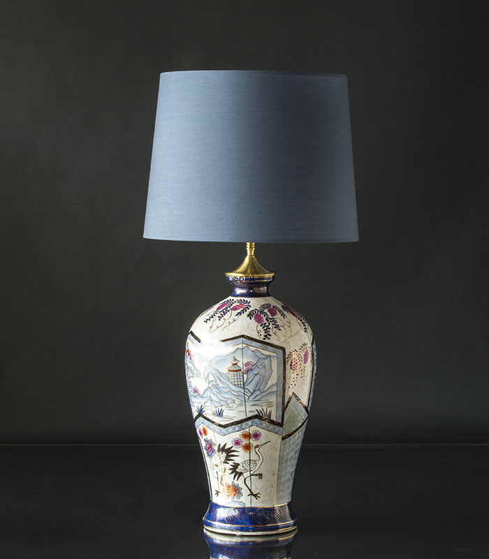 Rund cylinderformet lampeskærm 29 cm i højden, blå chintz stof