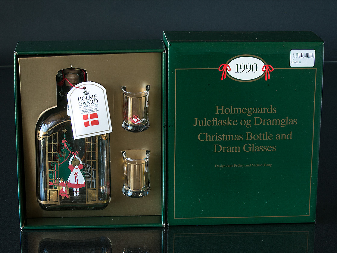 Juleflaske 1990 og 2 stk. juledramglas. Holmegaard Christmas