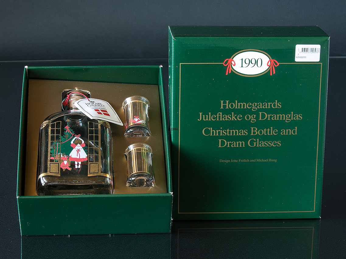 Juleflaske 1990 og 2 stk. juledramglas. Holmegaard Christmas