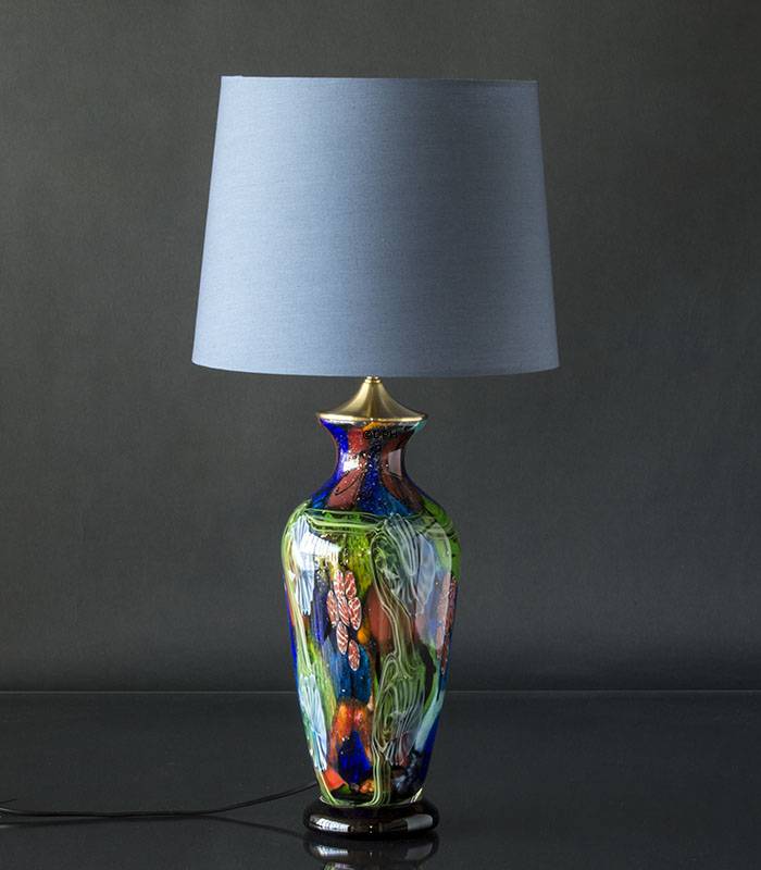 Rund cylinderformet lampeskærm 26 cm i højden, blå chinz stof