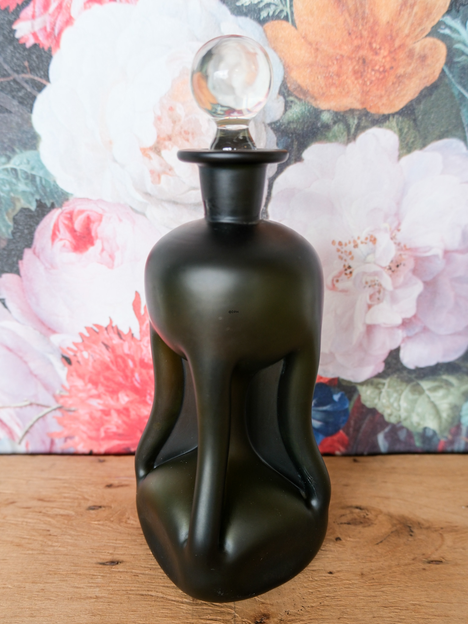 Holmegaard Klukflaske i grøn matteret glas med klar prop 27 cm  - Gammel