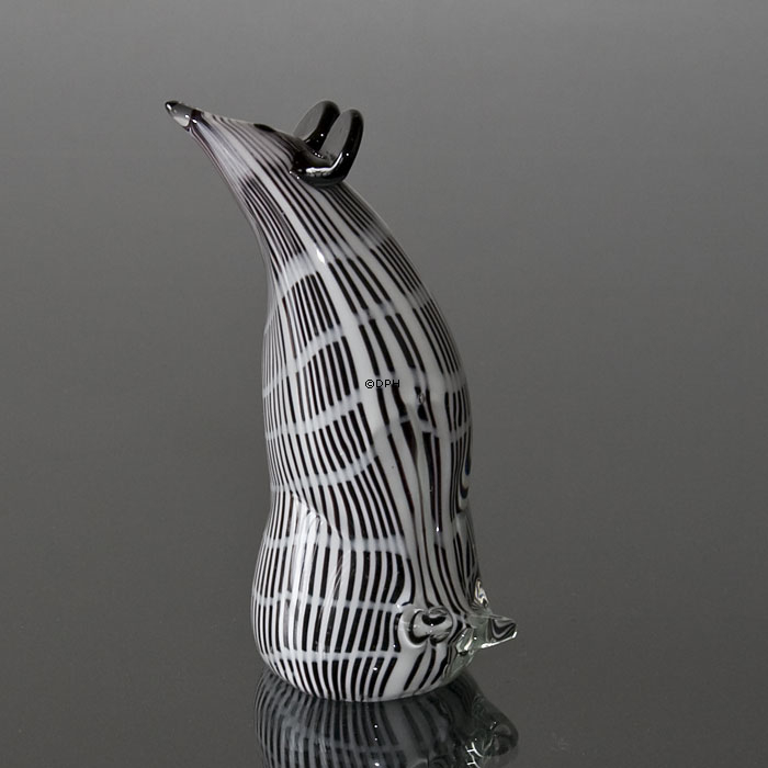 Siddende glasmus - sort og hvidt glas, Mundblæst glasfigur