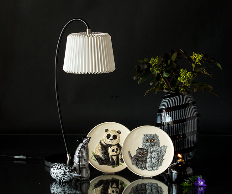 Liggende glasmus - sort og hvid plettet, Mundblæst glasfigur