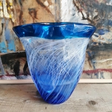 Blue Glass Vase, oval with wavy edge, Hand Blown Glass Art,