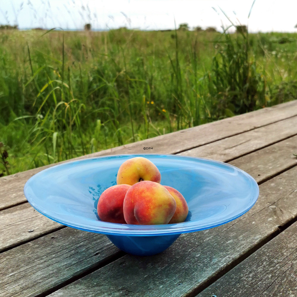 Billig glas bordfad - blåt med hvidt mønster, Mundblæst glaskunst,