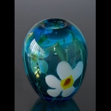 Große Runde Glasvase, blau mit Blume, Mundgeblasene Glaskunst