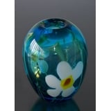 Large Round Glass Vase, Blue with flower, Hand Blown Glass Art,