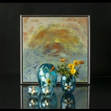 Große Runde Glasvase, blau mit Blume, Mundgeblasene Glaskunst