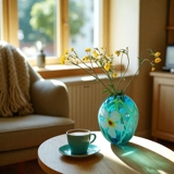 Large Round Glass Vase, Blue with flower, Hand Blown Glass Art,