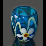 Blå Glasvase/urtepotte, blå med blomster, glaskunst,