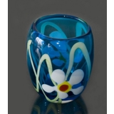 Glasvase oder Blumentopf, Glaskunst Blumentopf, blau mit Blumen, Mundgeblasenem Glas,