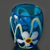 Blå Glasvase/urtepotte, blå med blomster, glaskunst, 