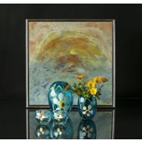 Glasvase oder Blumentopf, Glaskunst Blumentopf, blau mit Blumen, Mundgeblasenem Glas,