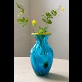 Große Glasvase, blau mit gelben Rand, Mundgeblasene Glaskunst