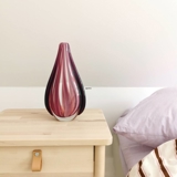 Oval glasvase til få blomster, klar glas med rosa/lilla mønster, 30cm, glaskunst,