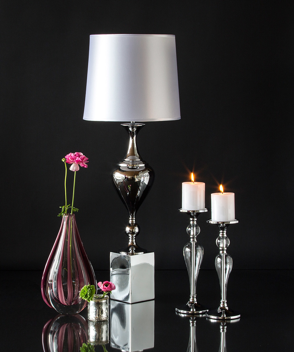 Oval glasvase til få blomster, klar glas med rosa/lilla mønster, 30cm, glaskunst,