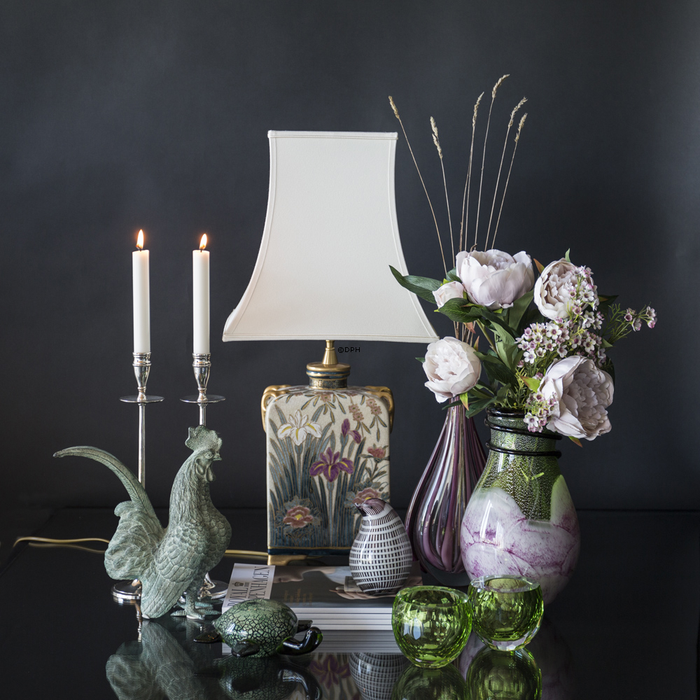 Oval glasvase til få blomster, klar glas med rosa/lilla mønster, 30cm, glaskunst,