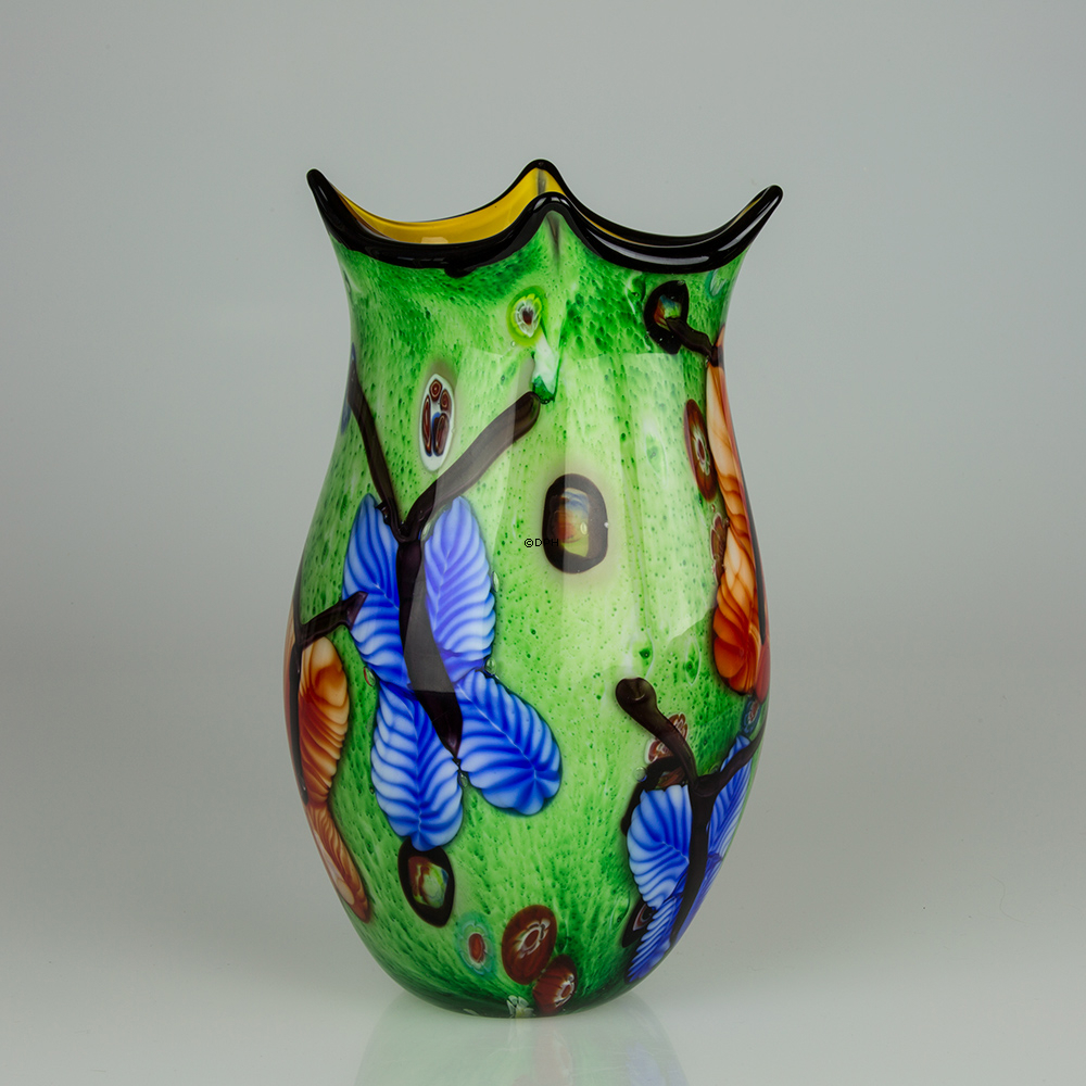 Grøn Glasvase, Stor grøn glasvase med gul indvendig 33cm, Glaskunst, Mundblæst,