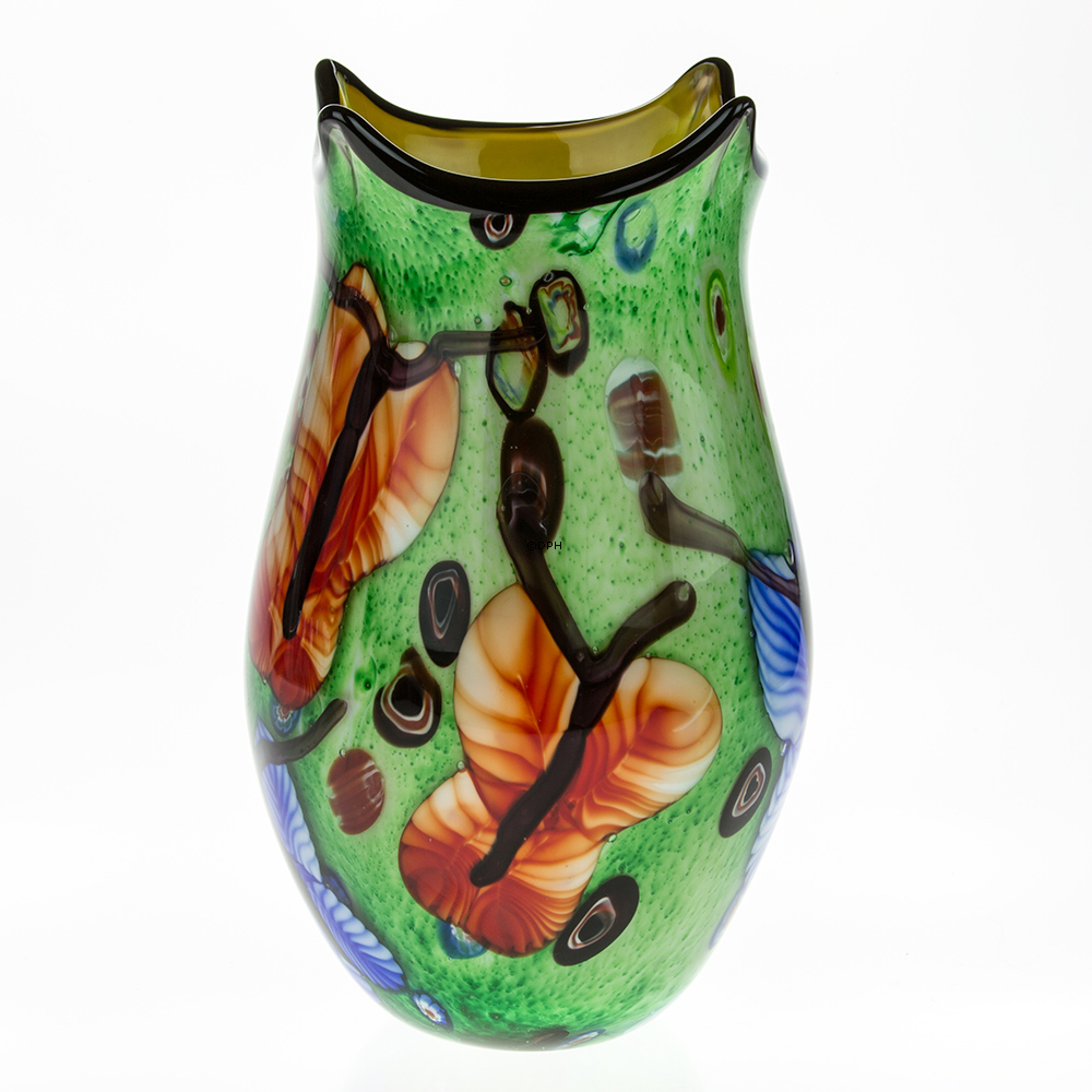 Grøn Glasvase, Stor grøn glasvase med gul indvendig 33cm, Glaskunst, Mundblæst,