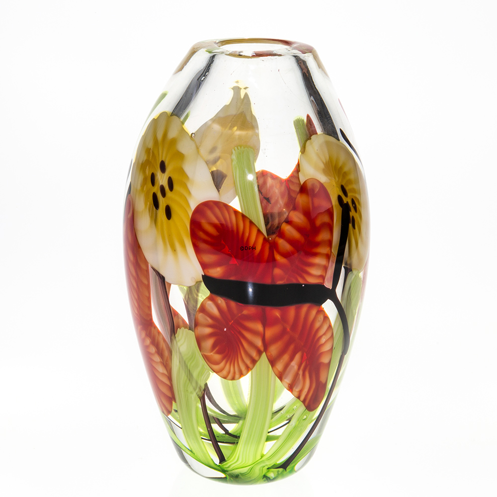 Glasvase - Klart glas med blomster 28cm, Glaskunst, Mundblæst,