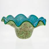 Glas bordfad - grøn og blå med bølget kant 45cm, Mundblæst Glaskunst, 