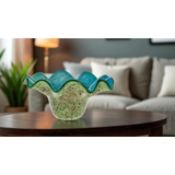 Bowl, Green and blue with wavy edge, 45cm, Hand Blown Glass,