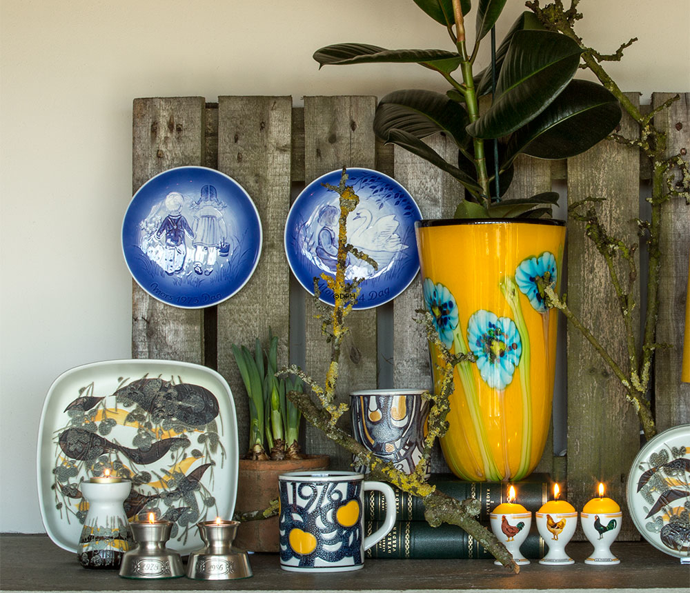 Stor Gul Glasvase med blomster 35cm, Mundblæst glaskunst,